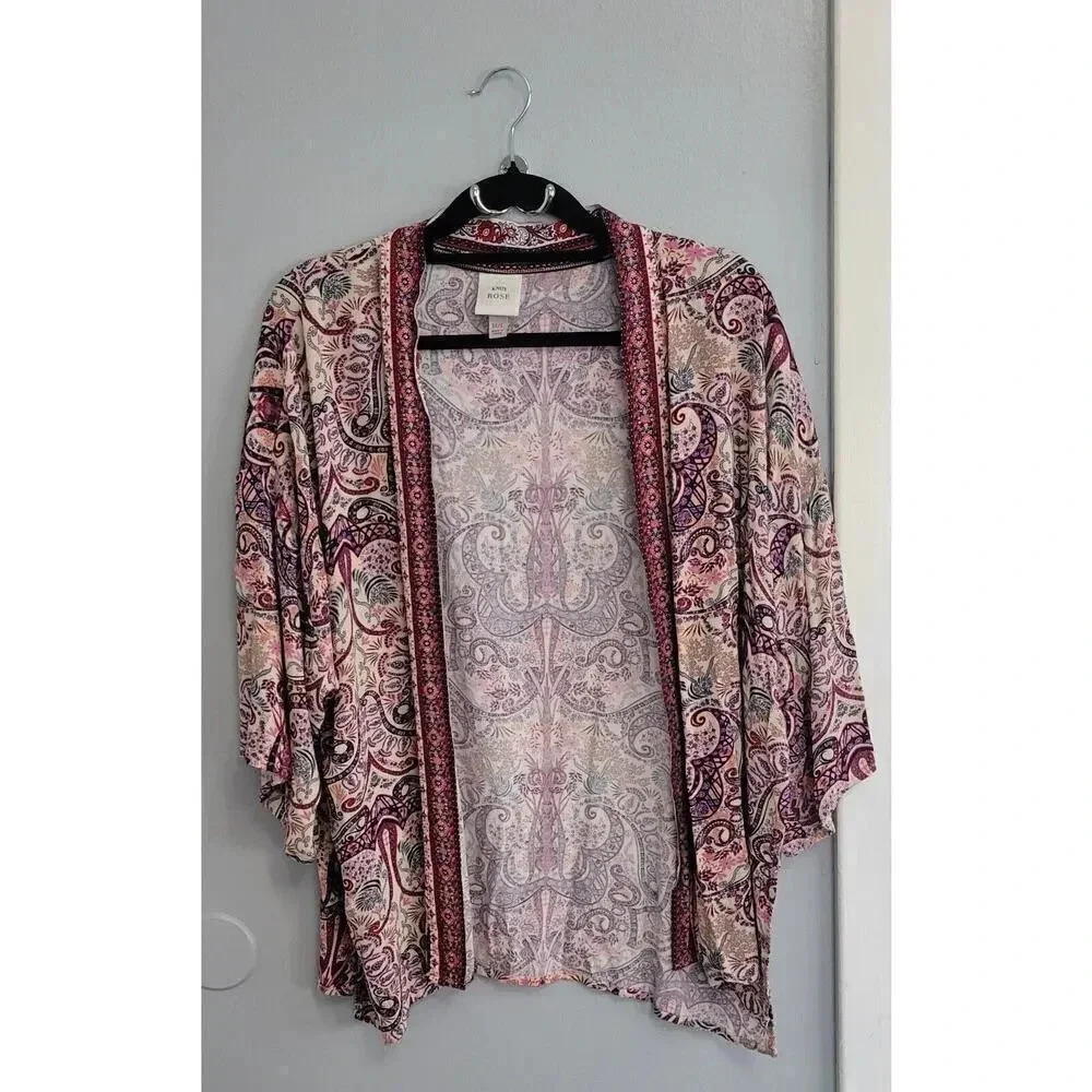 Knox‎ Rose M/L Multicolor Pink Paisley Kimono Open Front Flowy Boho Cardigan